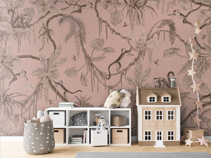 Playful Monkeys - Monochrome - pink luxury wallpaper in kids room interior — Artehub Egypt