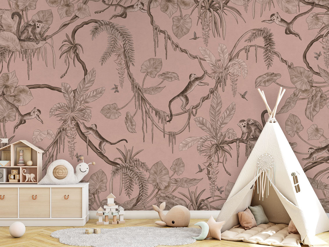 Playful Monkeys - Monochrome - pink luxury wallpaper in kids room interior — Artehub Egypt