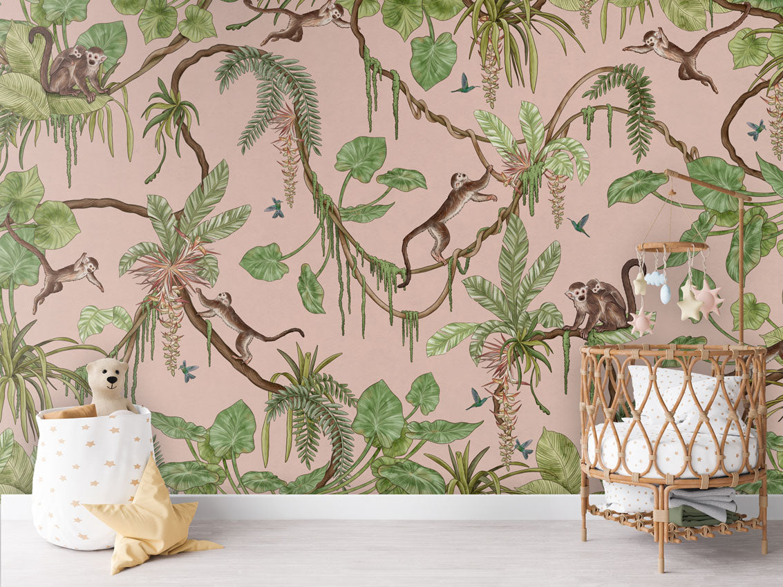 Playful Monkeys - pink luxury wallpaper in kids room interior — Artehub Egypt