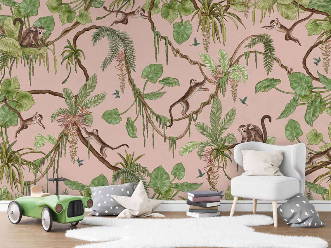 Playful Monkeys - pink luxury wallpaper in kids room interior — Artehub Egypt