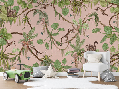 Playful Monkeys - pink luxury wallpaper in kids room interior — Artehub Egypt