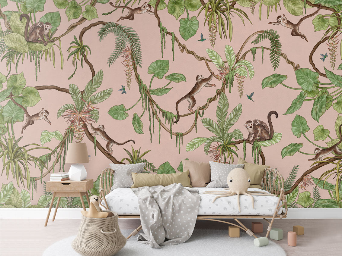 Playful Monkeys - pink luxury wallpaper in kids room interior — Artehub Egypt