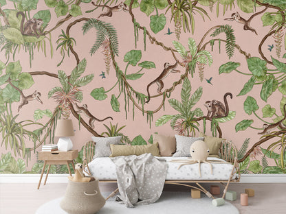 Playful Monkeys - pink luxury wallpaper in kids room interior — Artehub Egypt