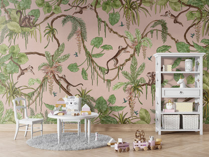 Playful Monkeys - pink luxury wallpaper in kids room interior — Artehub Egypt