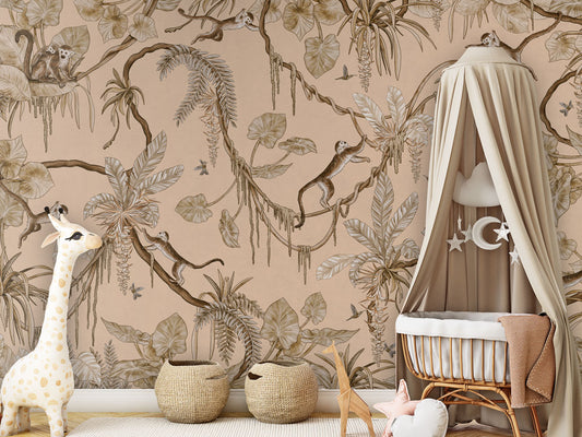 Playful Monkeys - Vintage - beige luxury wallpaper in kids room interior — Artehub Egypt