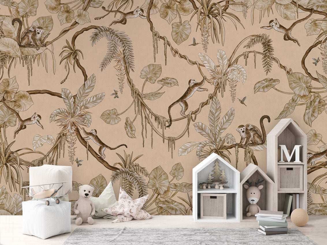 Playful Monkeys - Vintage - beige luxury wallpaper in kids room interior — Artehub Egypt