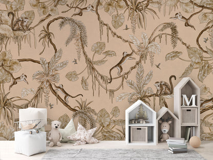 Playful Monkeys - Vintage - beige luxury wallpaper in kids room interior — Artehub Egypt