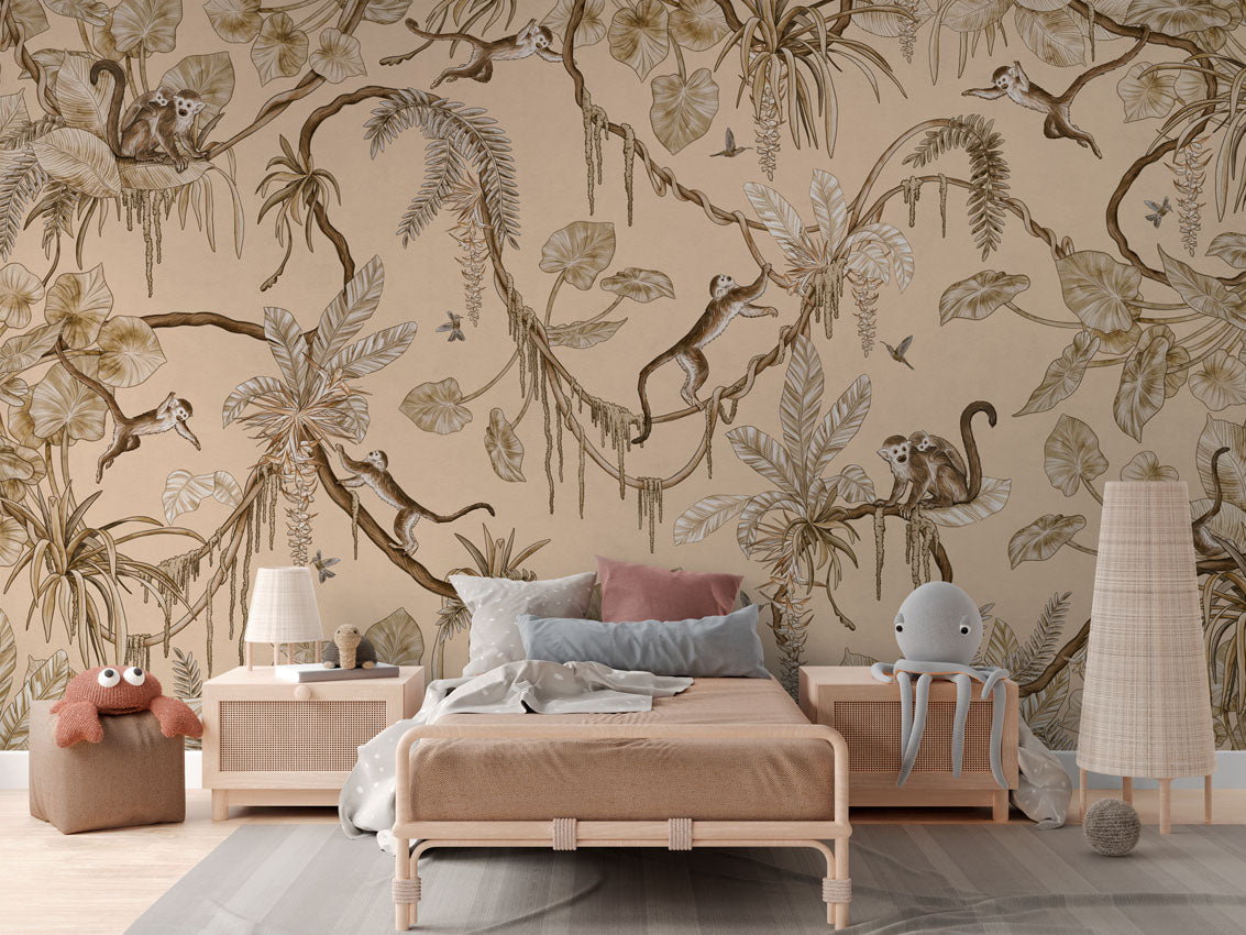 Playful Monkeys - Vintage - beige luxury wallpaper in kids room interior — Artehub Egypt