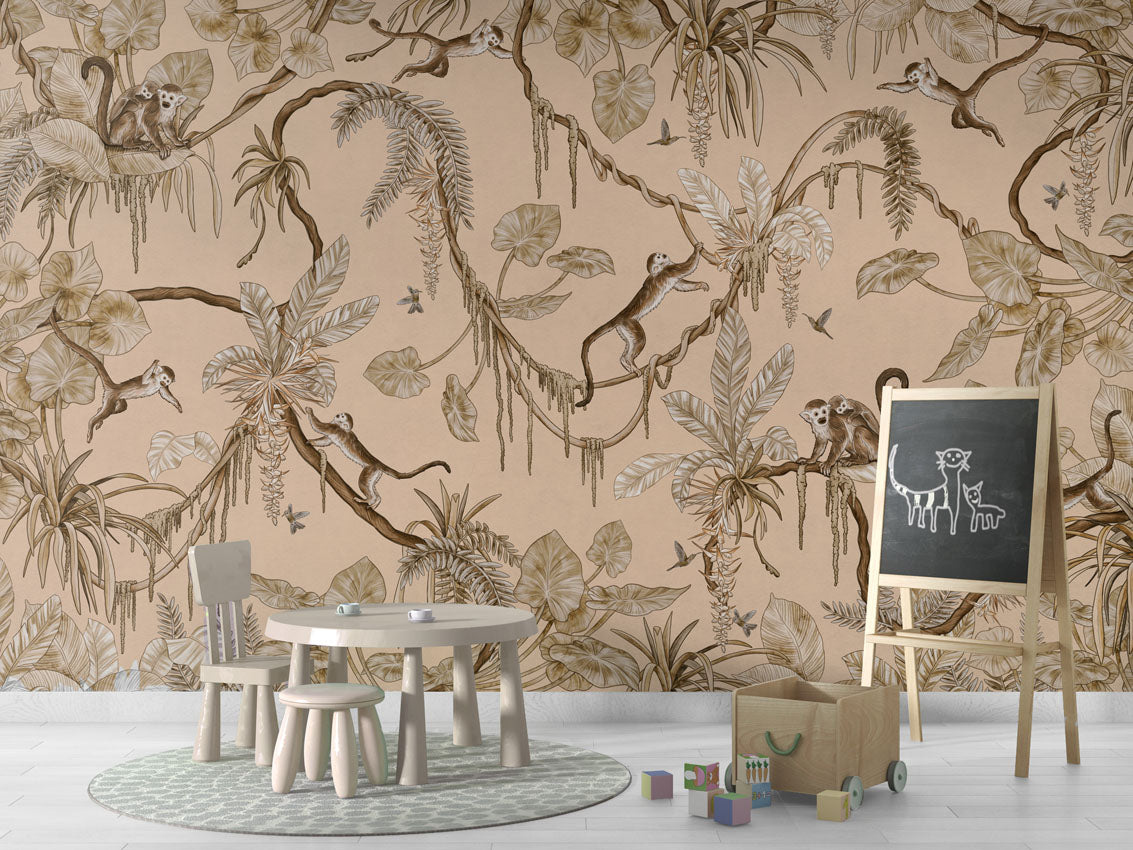 Playful Monkeys - Vintage - beige luxury wallpaper in kids room interior — Artehub Egypt