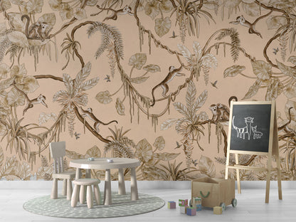 Playful Monkeys - Vintage - beige luxury wallpaper in kids room interior — Artehub Egypt