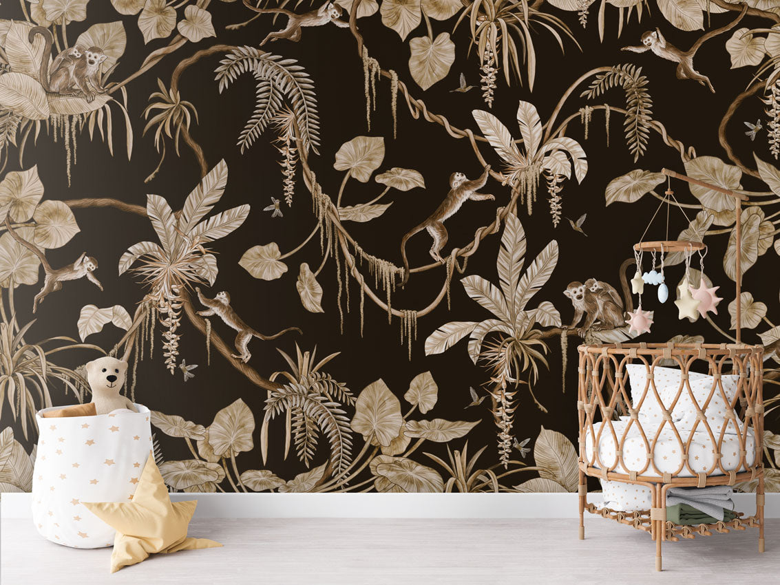 Playful Monkeys - Vintage - black luxury wallpaper in kids room interior — Artehub Egypt