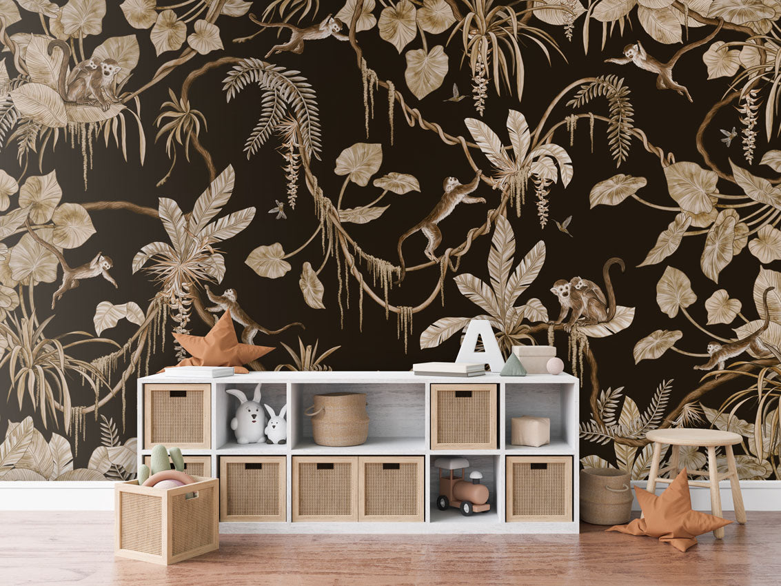 Playful Monkeys - Vintage - black luxury wallpaper in kids room interior — Artehub Egypt