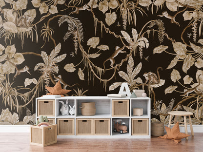 Playful Monkeys - Vintage - black luxury wallpaper in kids room interior — Artehub Egypt