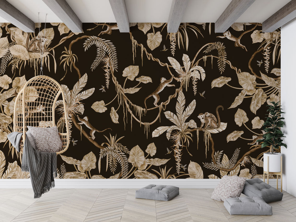 Playful Monkeys - Vintage - black luxury wallpaper in kids room interior — Artehub Egypt