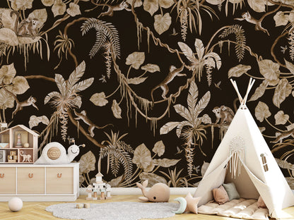 Playful Monkeys - Vintage - black luxury wallpaper in kids room interior — Artehub Egypt