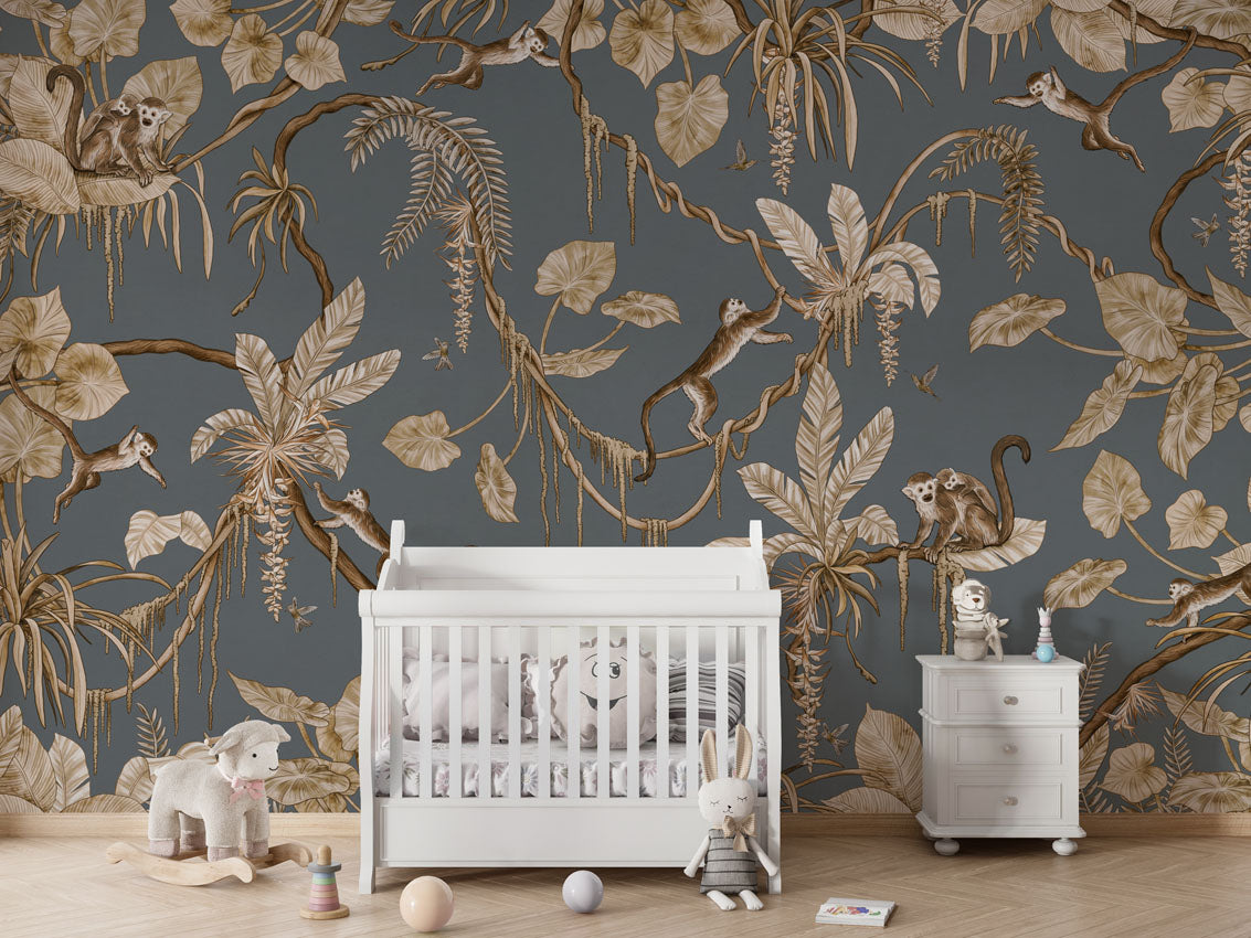Playful Monkeys - Vintage - blue luxury wallpaper in kids room interior — Artehub Egypt
