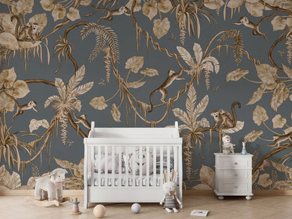 Playful Monkeys - Vintage - blue luxury wallpaper in kids room interior — Artehub Egypt