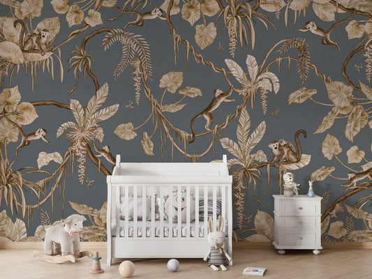 Playful Monkeys - Vintage - blue luxury wallpaper in kids room interior — Artehub Egypt