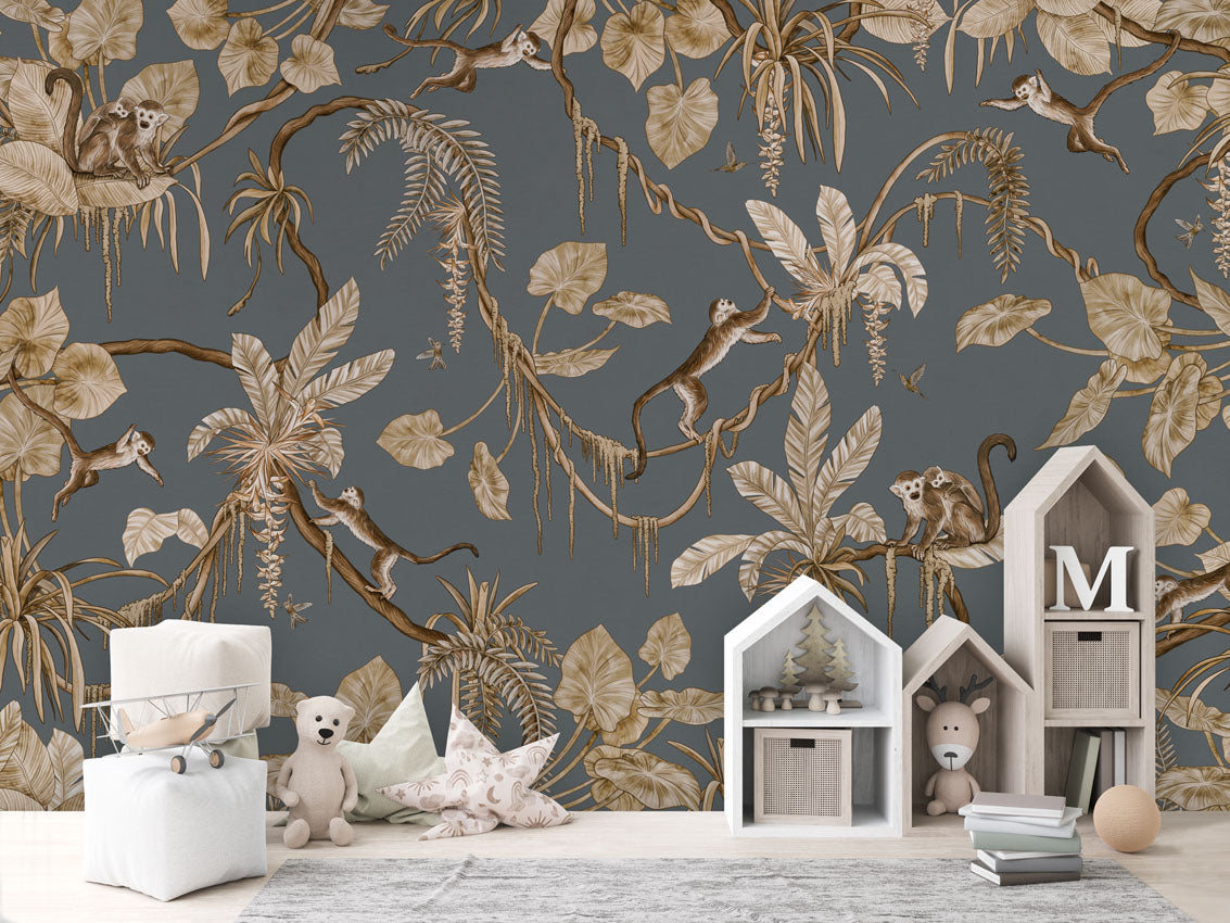 Playful Monkeys - Vintage - blue luxury wallpaper in kids room interior — Artehub Egypt