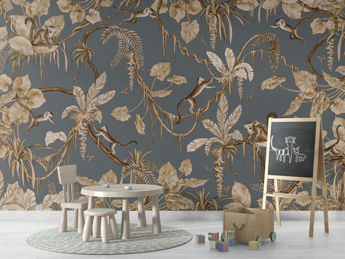 Playful Monkeys - Vintage - blue luxury wallpaper in kids room interior — Artehub Egypt