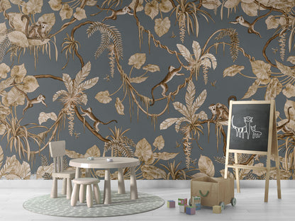 Playful Monkeys - Vintage - blue luxury wallpaper in kids room interior — Artehub Egypt