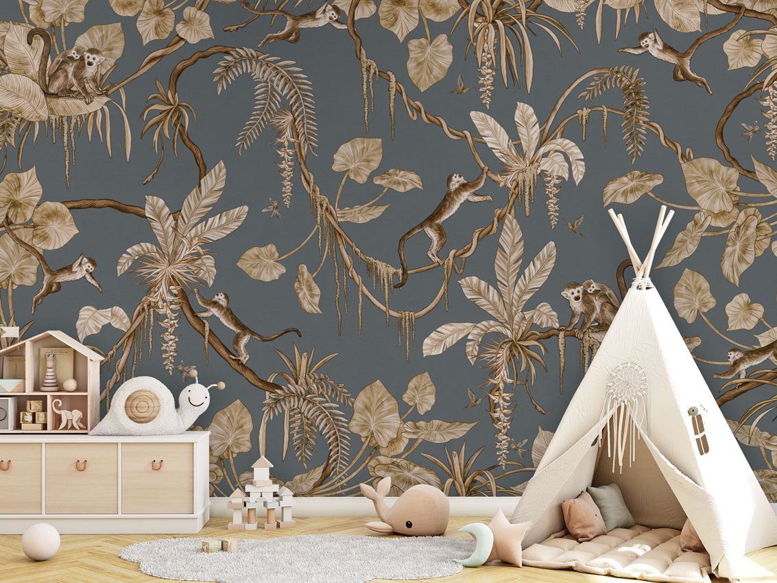 Playful Monkeys - Vintage - blue luxury wallpaper in kids room interior — Artehub Egypt