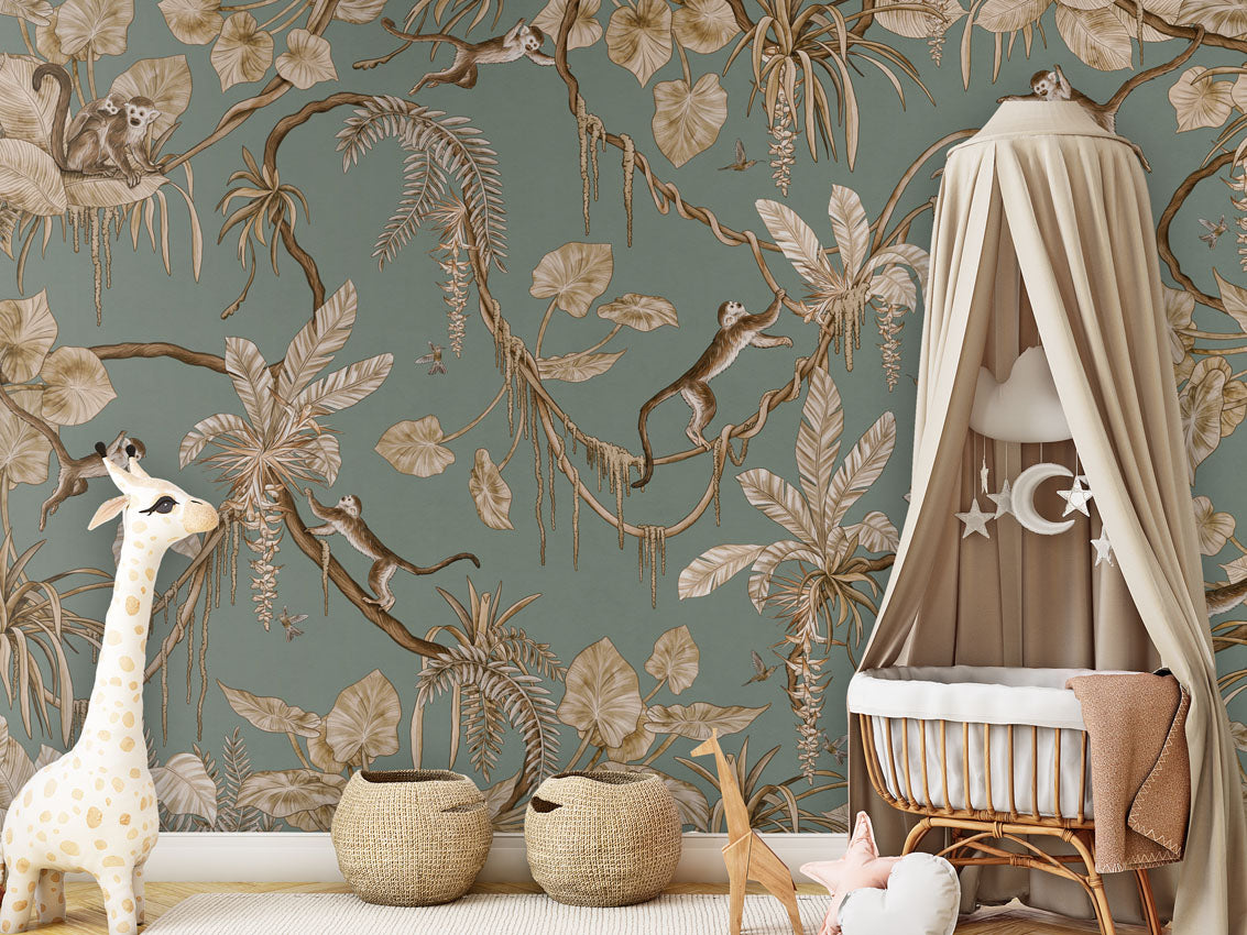 Playful Monkeys - Vintage - green luxury wallpaper in kids room interior — Artehub Egypt