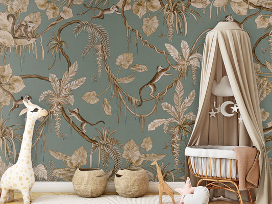 Playful Monkeys - Vintage - green luxury wallpaper in kids room interior — Artehub Egypt