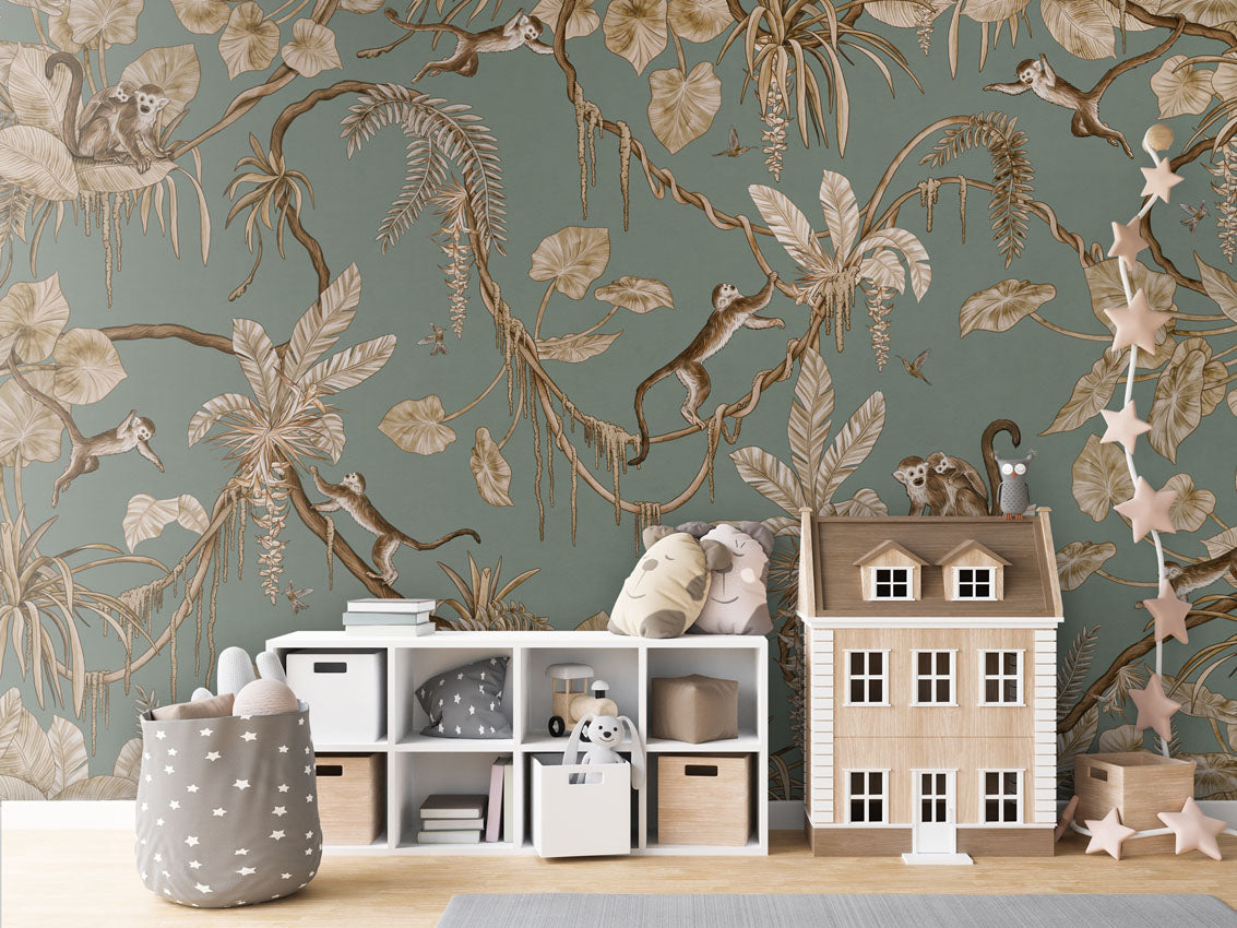 Playful Monkeys - Vintage - green luxury wallpaper in kids room interior — Artehub Egypt