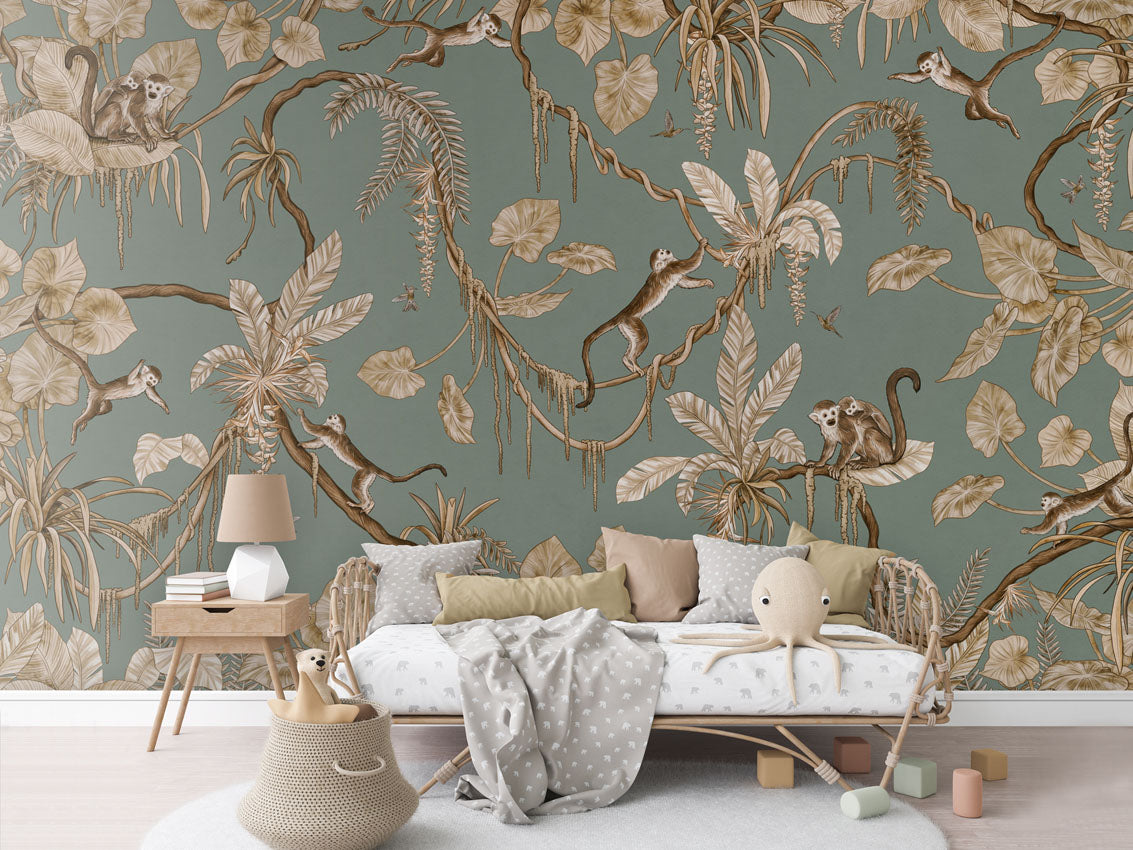 Playful Monkeys - Vintage - green luxury wallpaper in kids room interior — Artehub Egypt