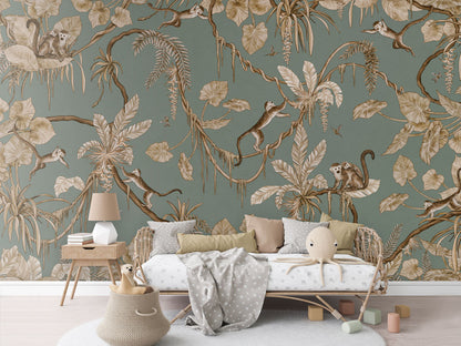 Playful Monkeys - Vintage - green luxury wallpaper in kids room interior — Artehub Egypt
