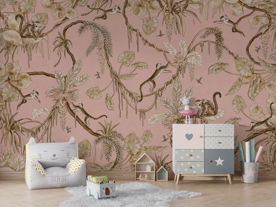 Playful Monkeys - Vintage - pink luxury wallpaper in kids room interior — Artehub Egypt