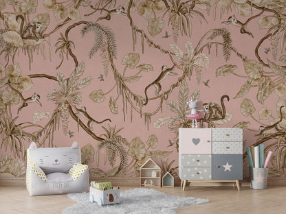 Playful Monkeys - Vintage - pink luxury wallpaper in kids room interior — Artehub Egypt