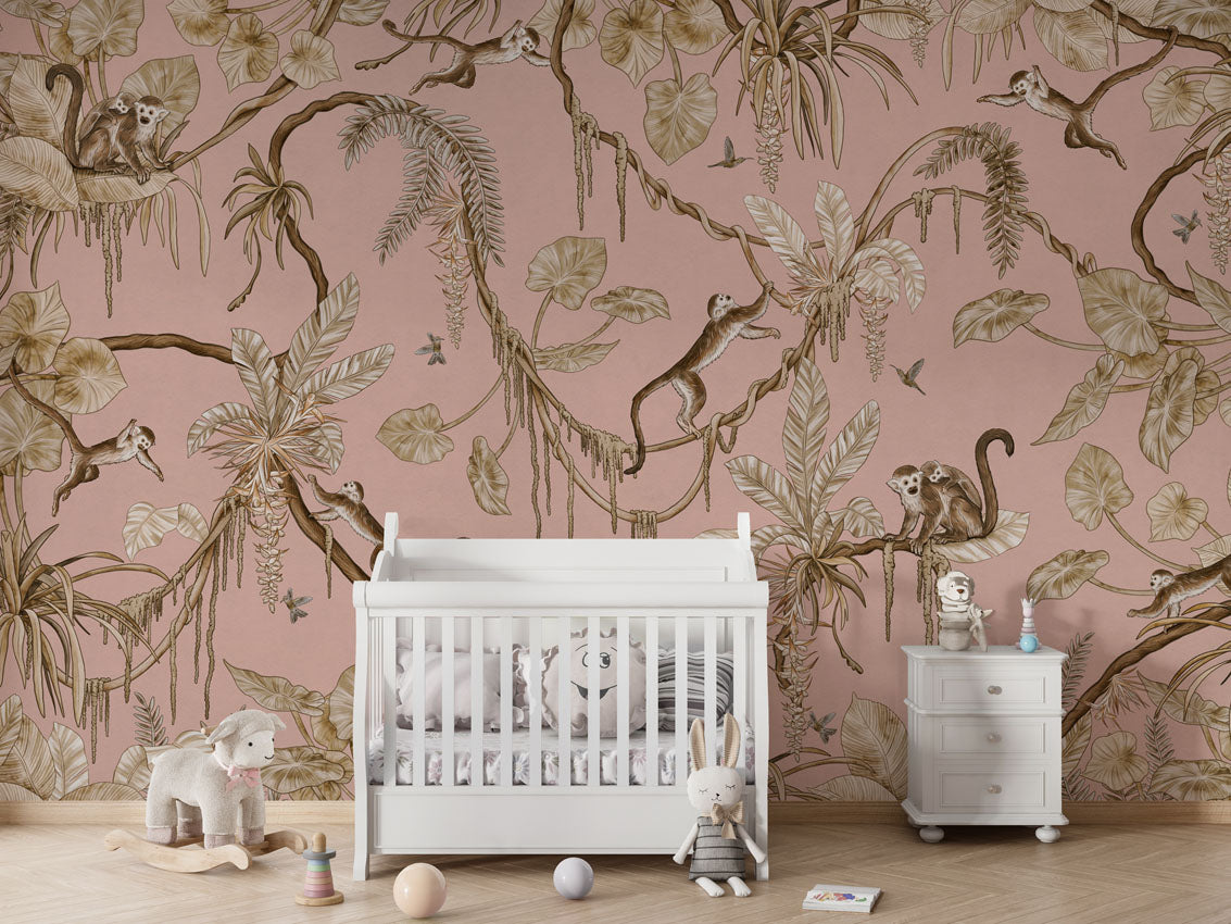 Playful Monkeys - Vintage - pink luxury wallpaper in kids room interior — Artehub Egypt