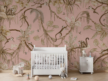 Playful Monkeys - Vintage - pink luxury wallpaper in kids room interior — Artehub Egypt