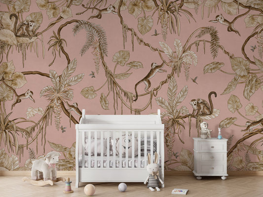 Playful Monkeys - Vintage - pink luxury wallpaper in kids room interior — Artehub Egypt
