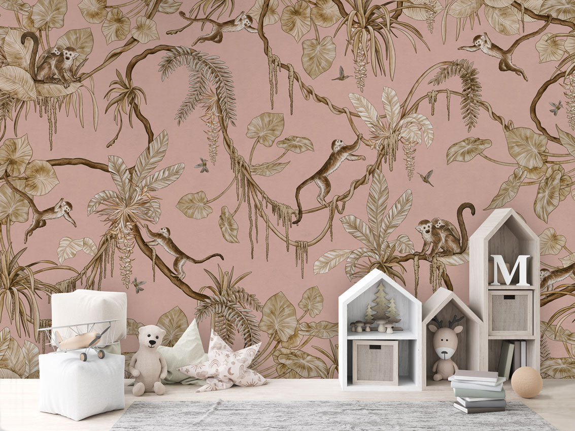 Playful Monkeys - Vintage - pink luxury wallpaper in kids room interior — Artehub Egypt