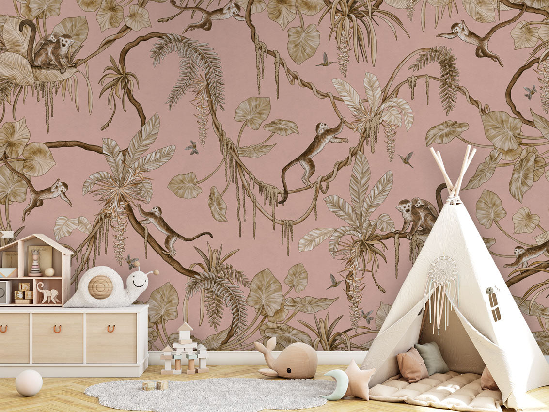 Playful Monkeys - Vintage - pink luxury wallpaper in kids room interior — Artehub Egypt