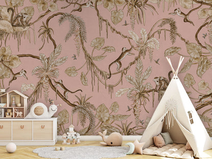 Playful Monkeys - Vintage - pink luxury wallpaper in kids room interior — Artehub Egypt