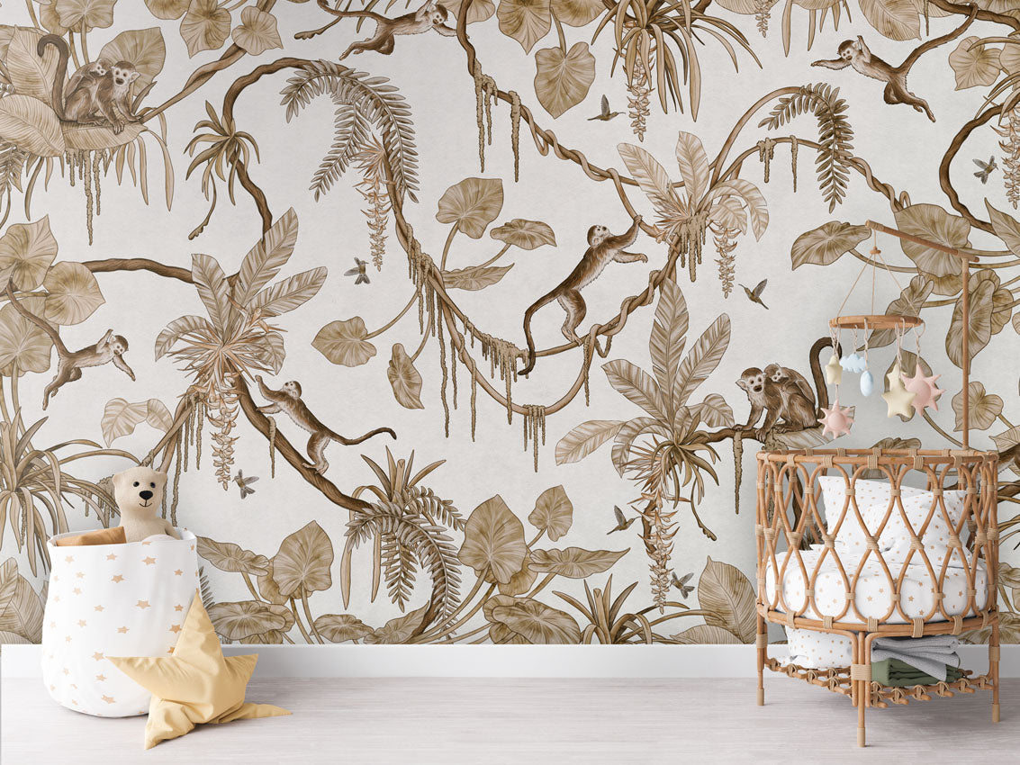 Playful Monkeys - Vintage - white luxury wallpaper in kids room interior — Artehub Egypt