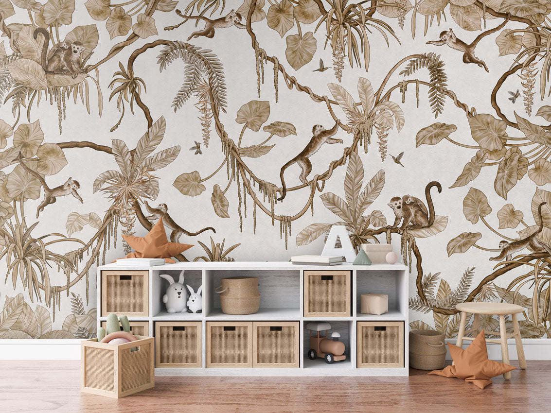 Playful Monkeys - Vintage - white luxury wallpaper in kids room interior — Artehub Egypt