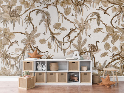 Playful Monkeys - Vintage - white luxury wallpaper in kids room interior — Artehub Egypt