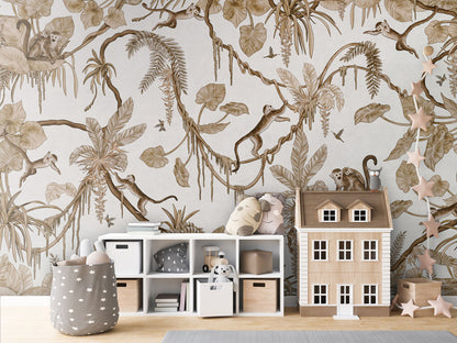Playful Monkeys - Vintage - white luxury wallpaper in kids room interior — Artehub Egypt