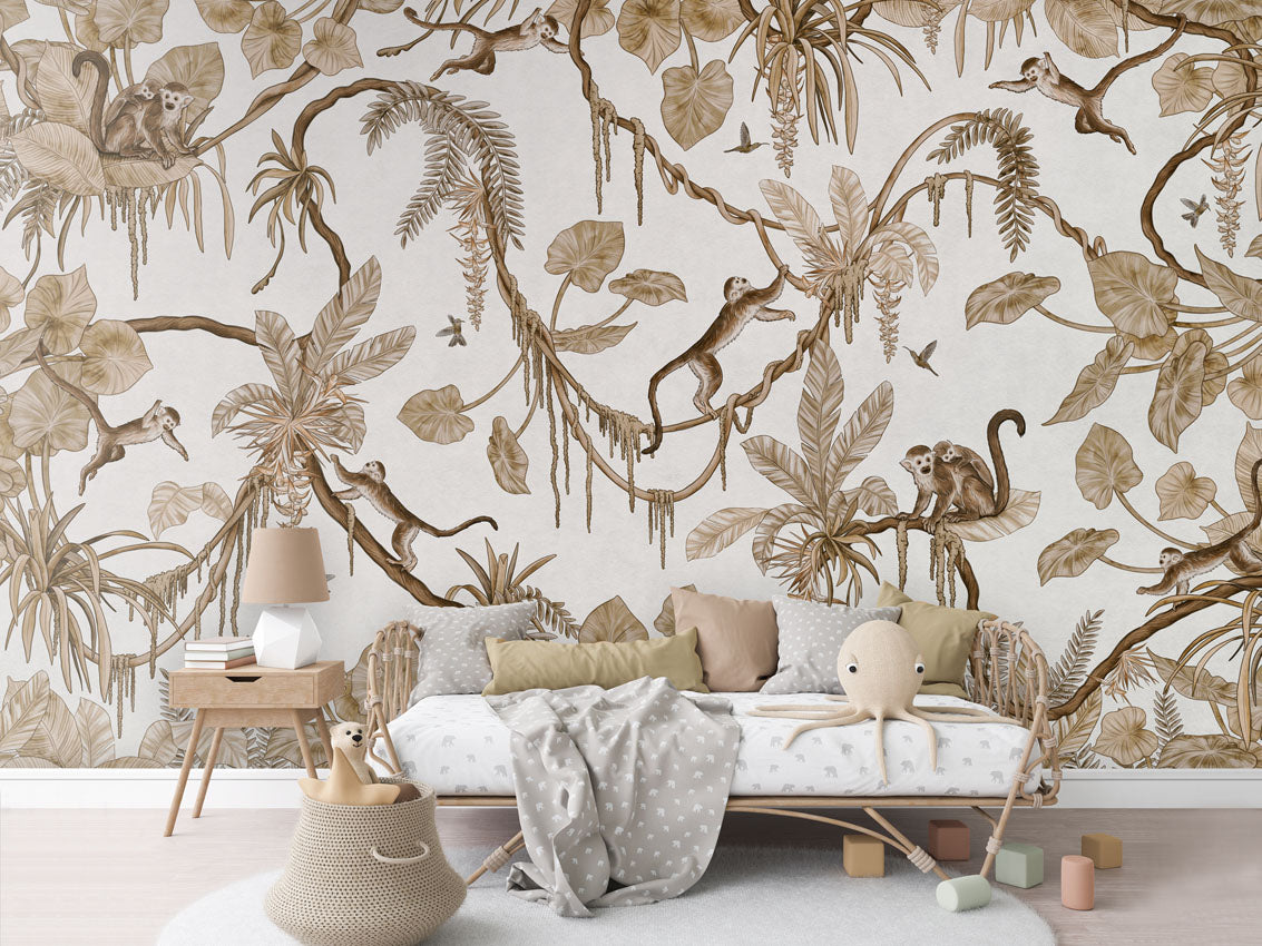 Playful Monkeys - Vintage - white luxury wallpaper in kids room interior — Artehub Egypt