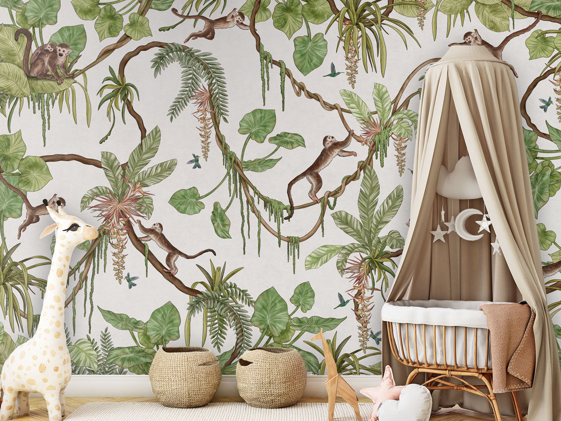 Playful Monkeys - white luxury wallpaper in kids room interior — Artehub Egypt