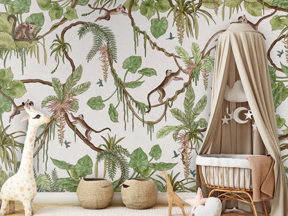 Playful Monkeys - white luxury wallpaper in kids room interior — Artehub Egypt