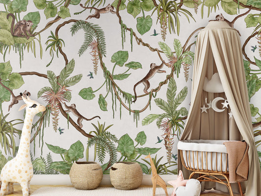 Playful Monkeys - white luxury wallpaper in kids room interior — Artehub Egypt
