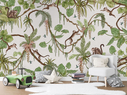 Playful Monkeys - white luxury wallpaper in kids room interior — Artehub Egypt