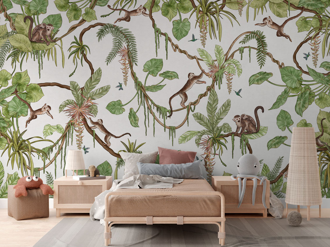 Playful Monkeys - white luxury wallpaper in kids room interior — Artehub Egypt