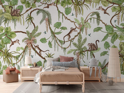 Playful Monkeys - white luxury wallpaper in kids room interior — Artehub Egypt
